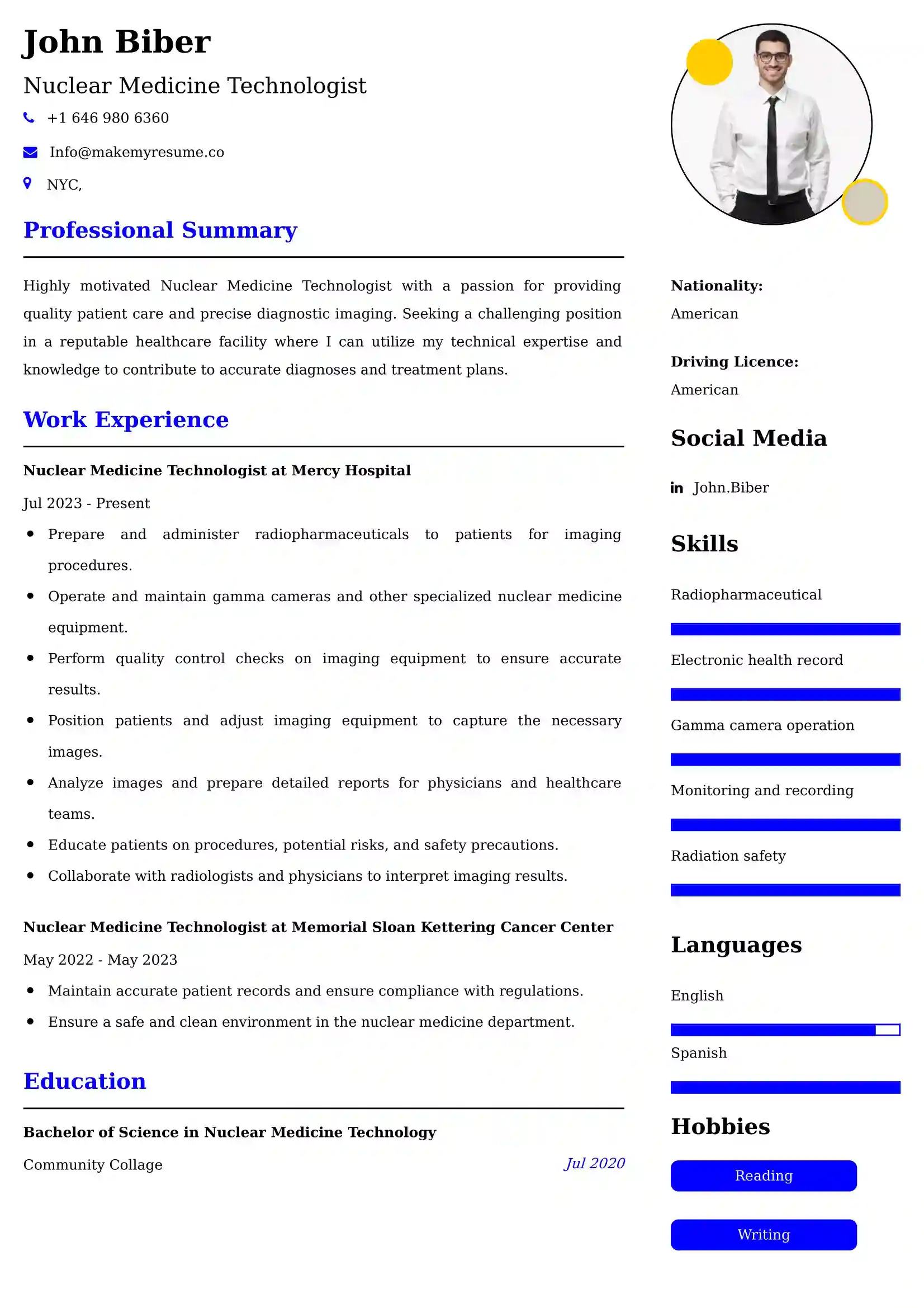 Nuclear Medicine Technologist Resume Examples for UAE