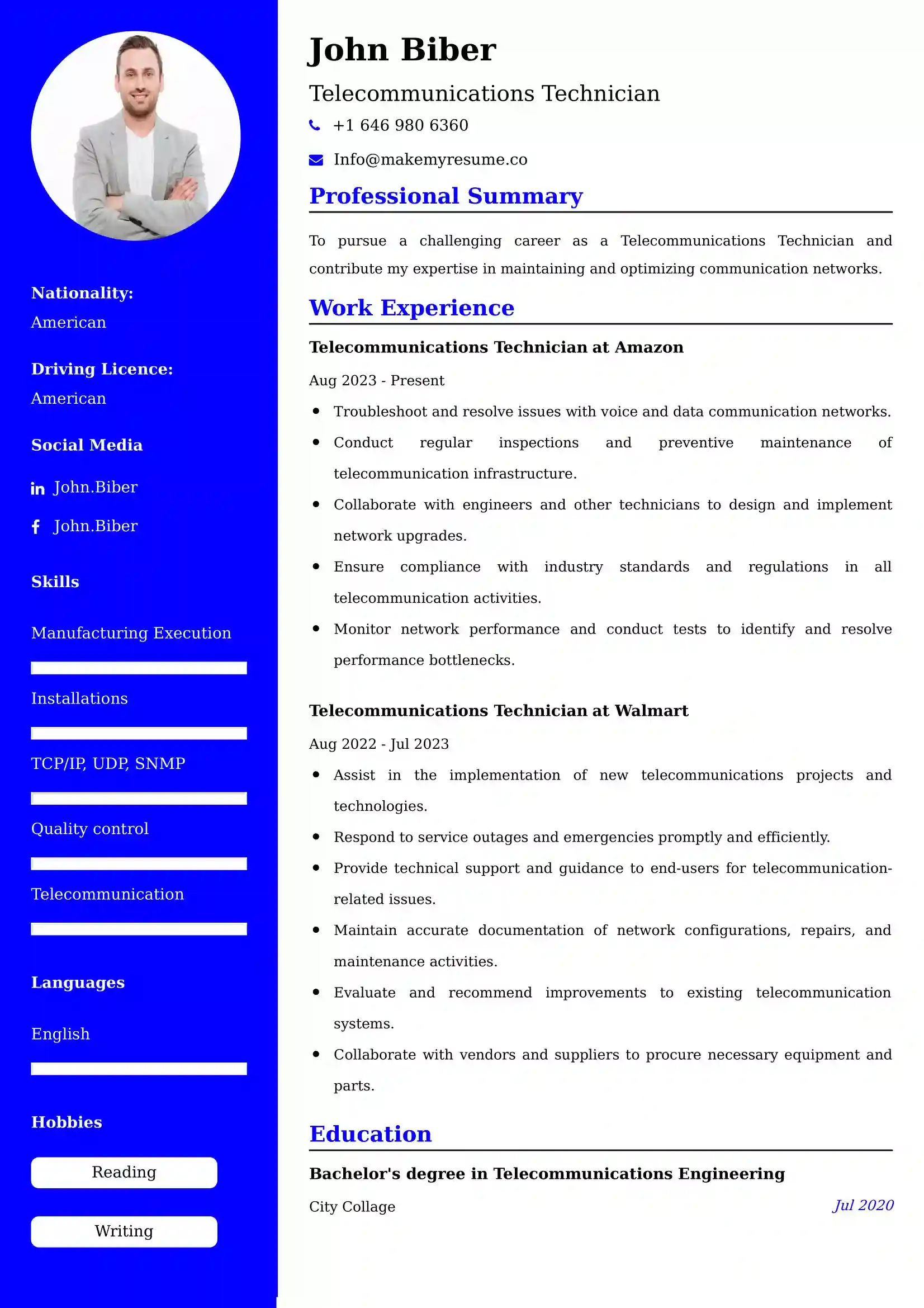 Telecommunications Technician Resume Examples for UAE