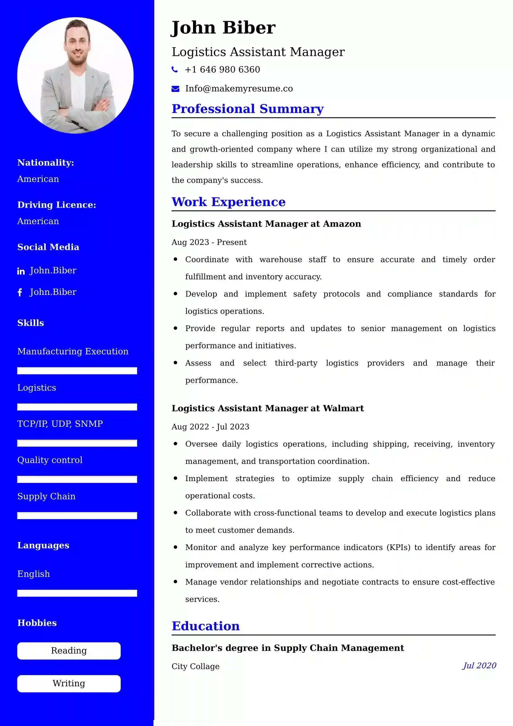 Logistics Assistant Manager Resume Examples for UAE