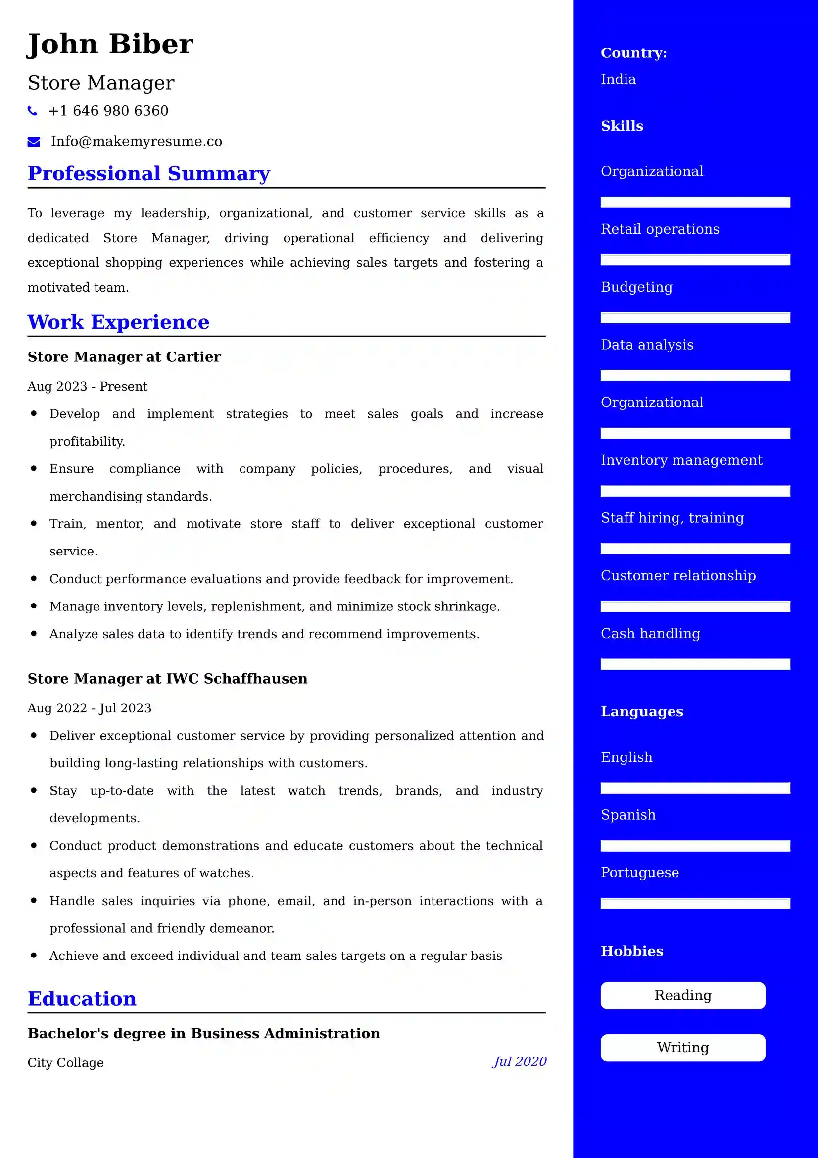 Store Manager Resume Examples for UAE