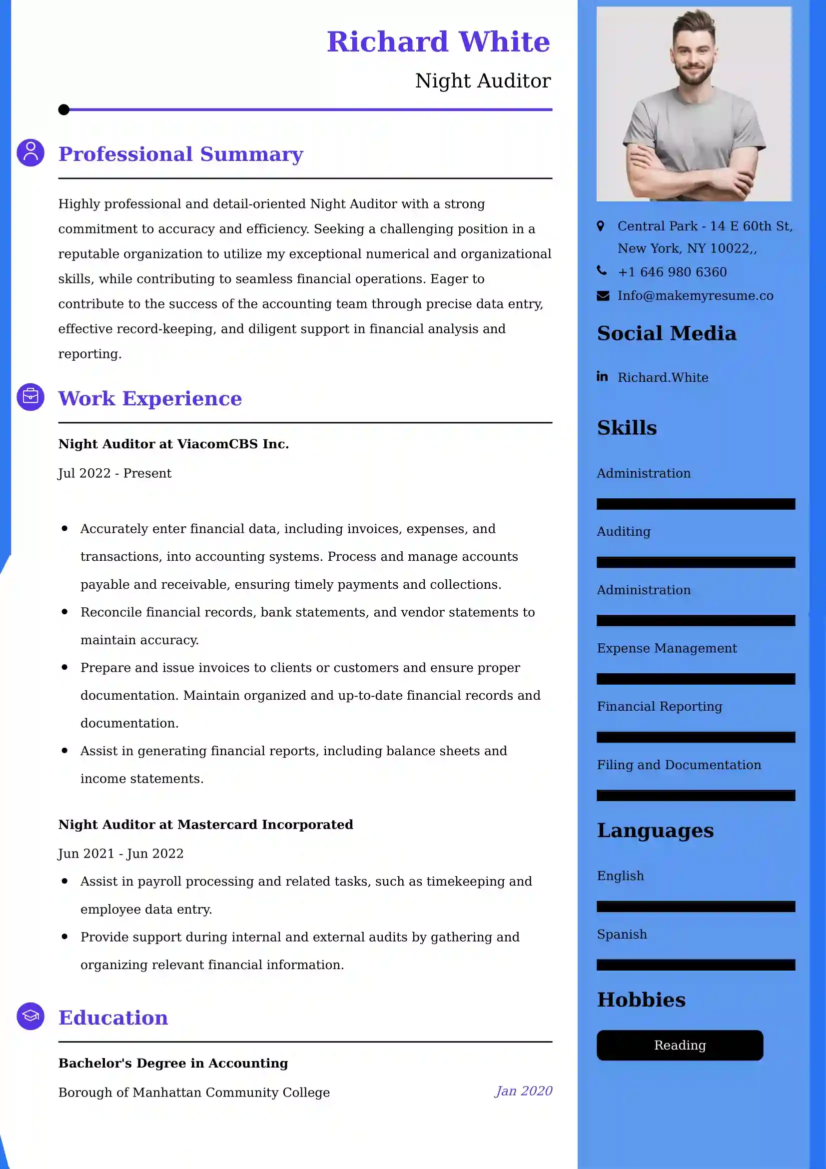 Night Auditor Resume Examples for UAE