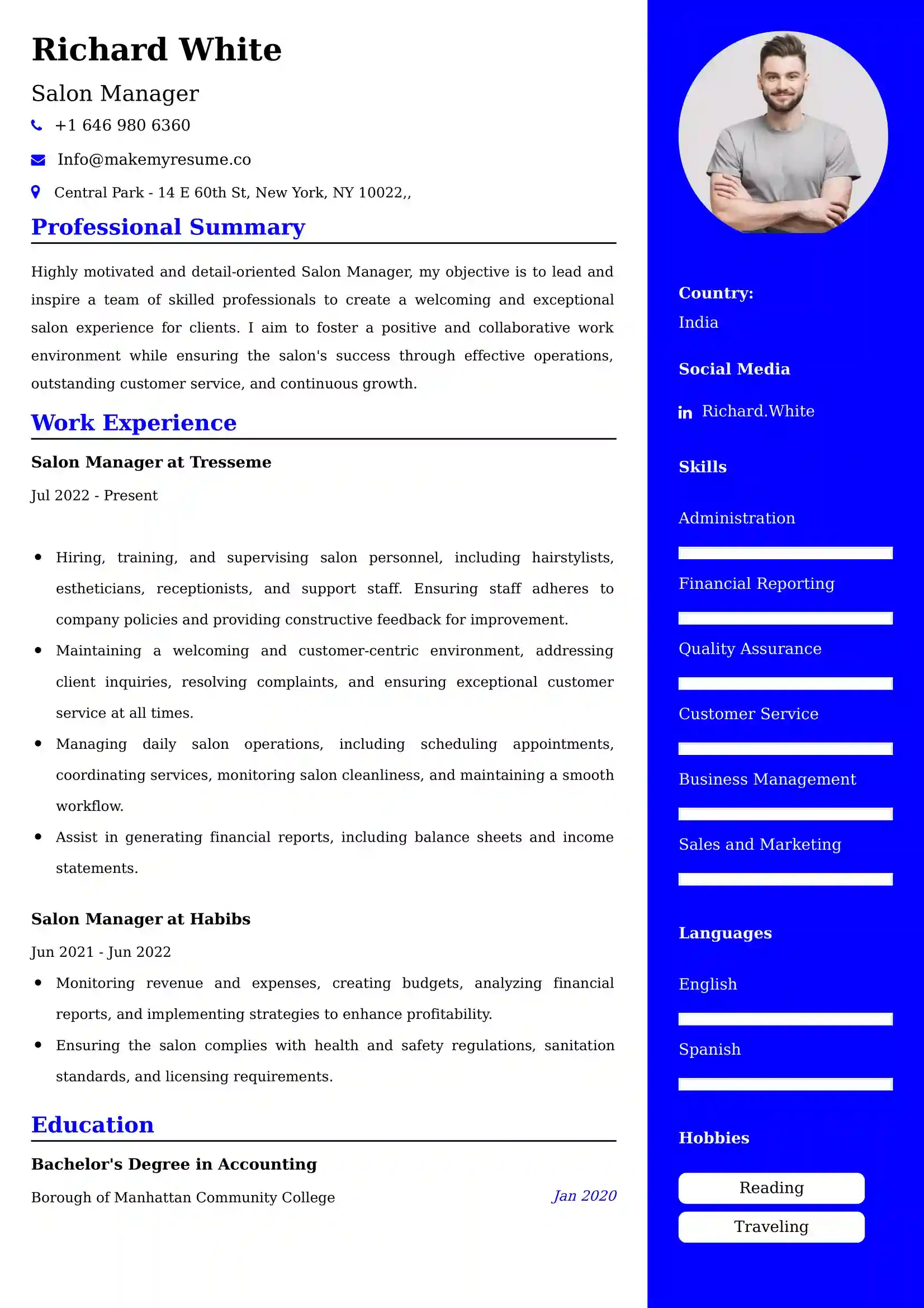 Salon Manager Resume Examples for UAE