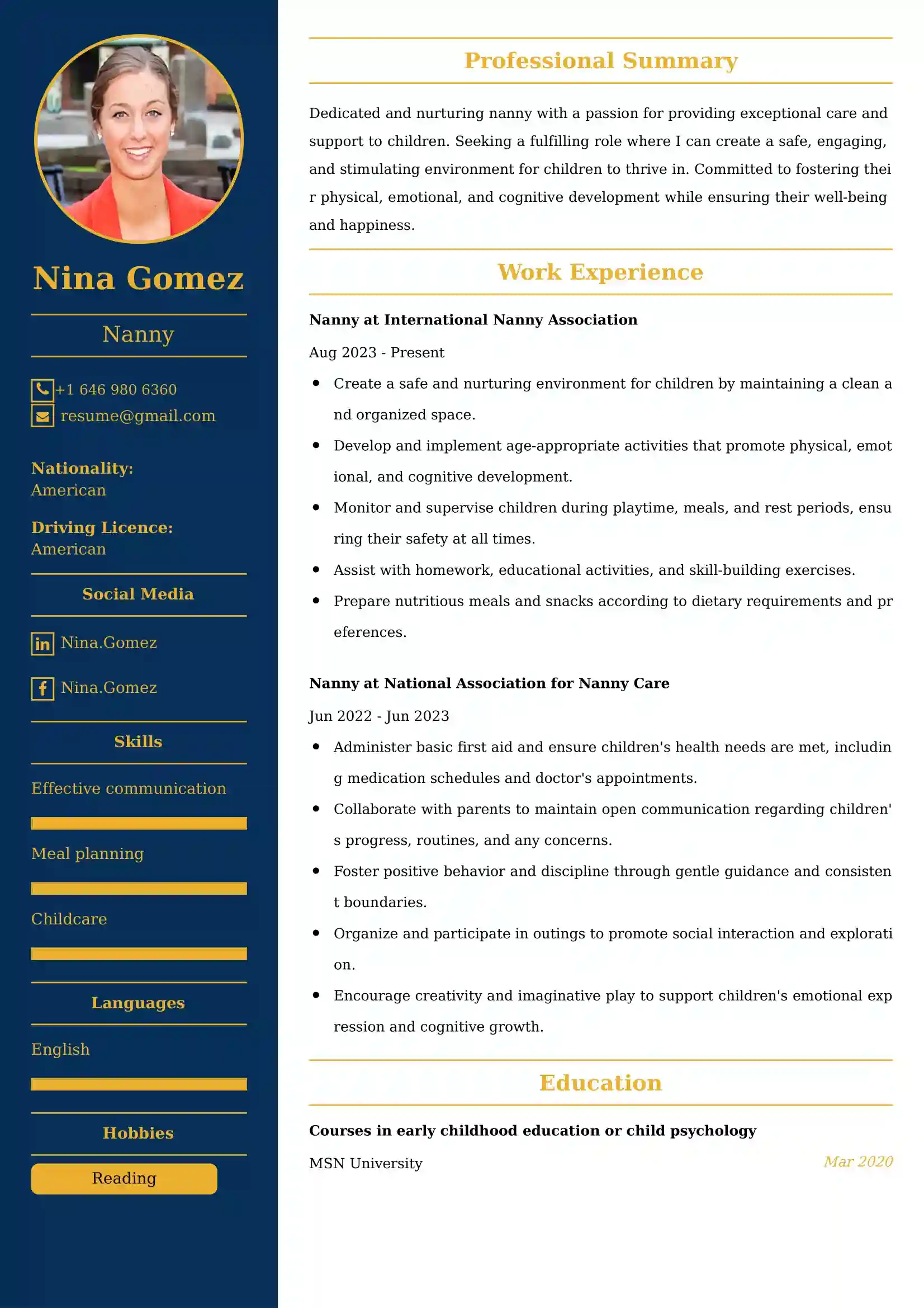 Nanny Resume Examples for UAE