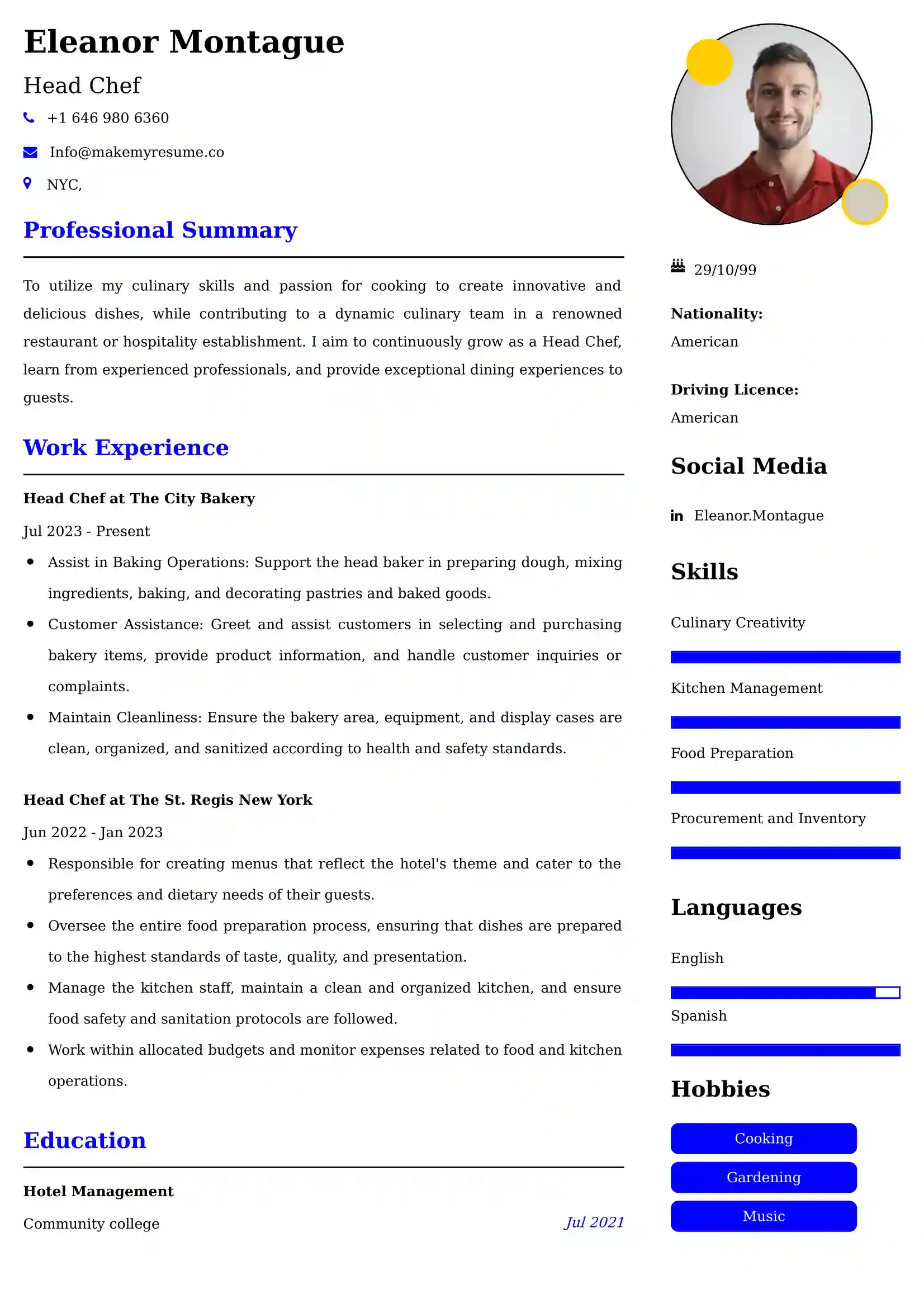 Head Chef Resume Examples for UAE