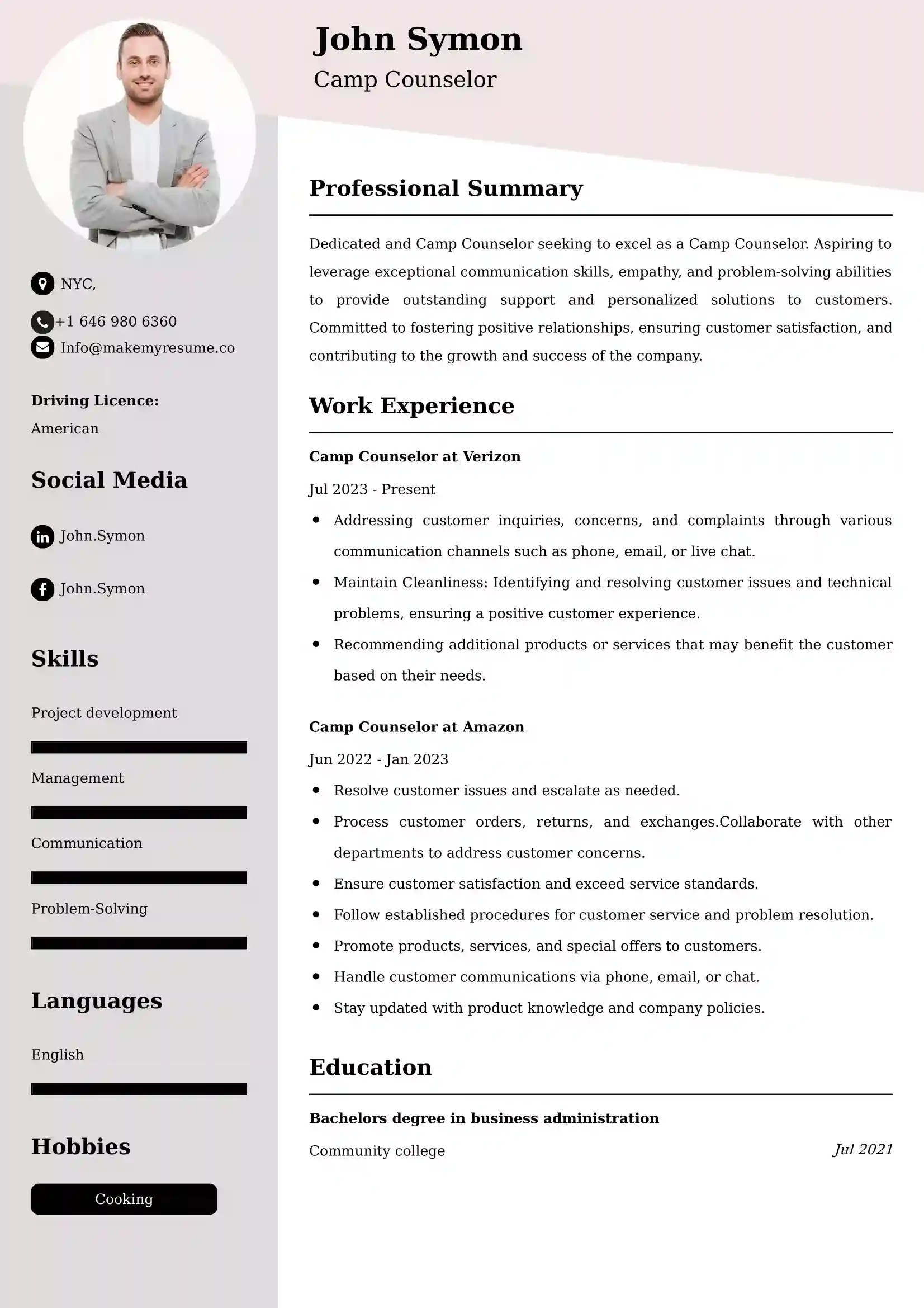 Camp Counselor Resume Examples for UAE
