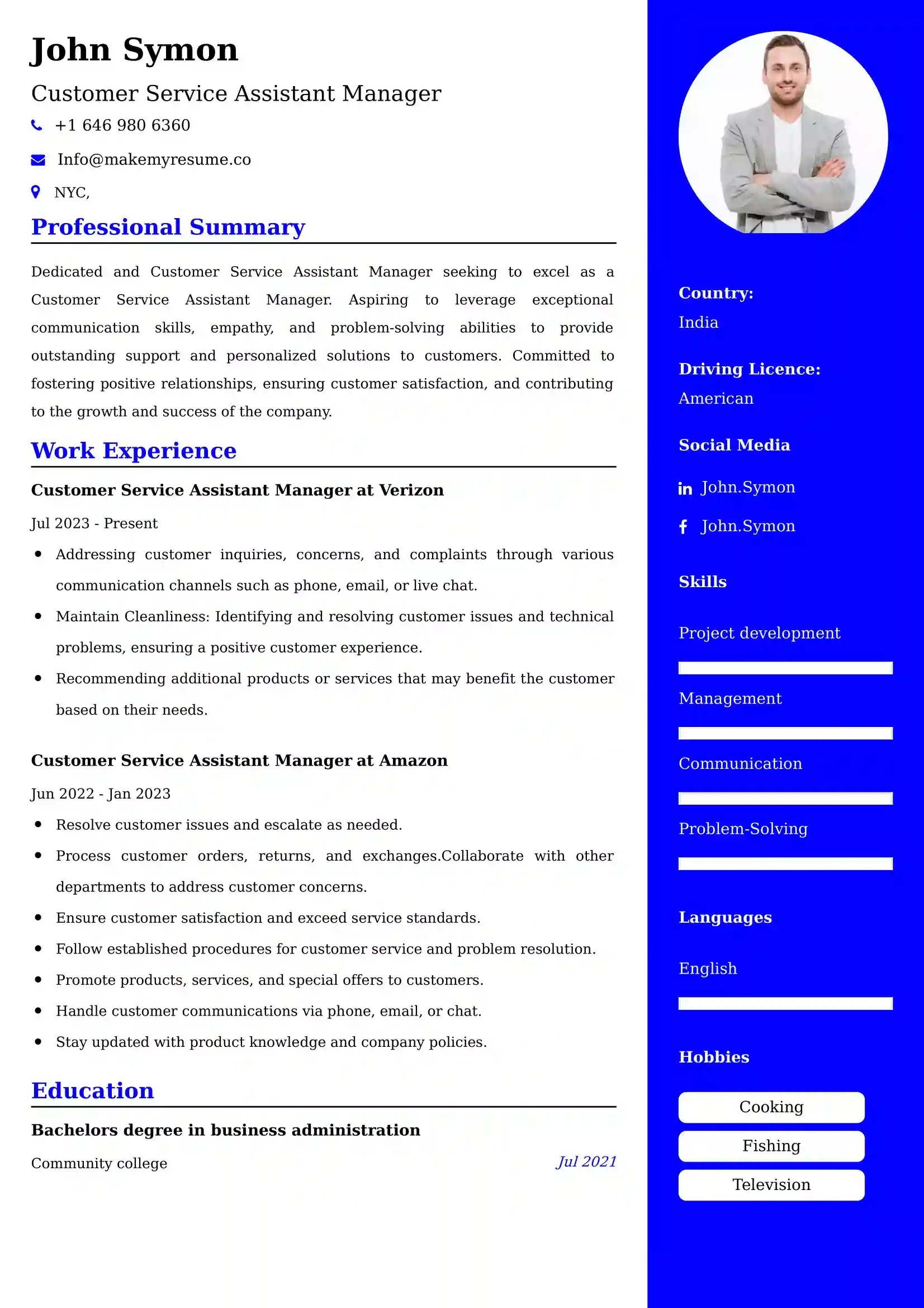 Customer Service Assistant Manager Resume Examples for UAE