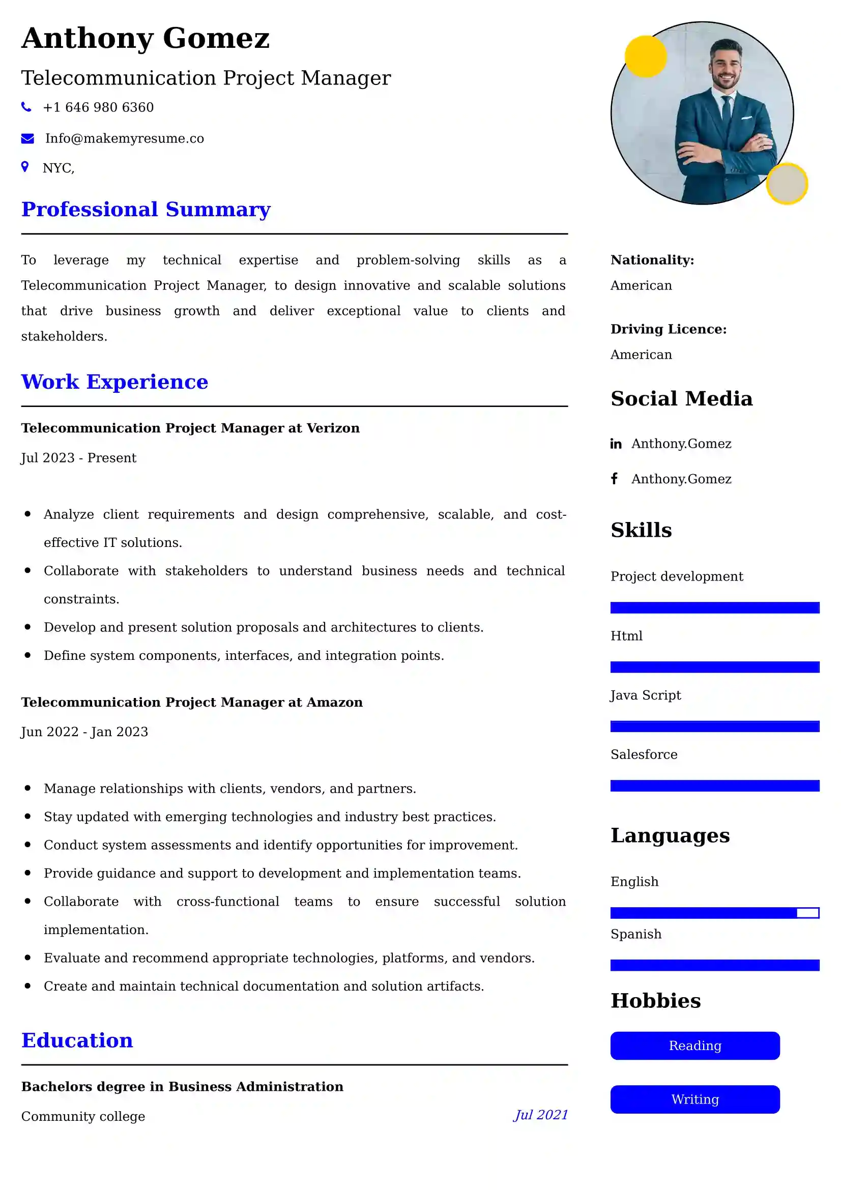 Telecommunication Project Manager Resume Examples for UAE