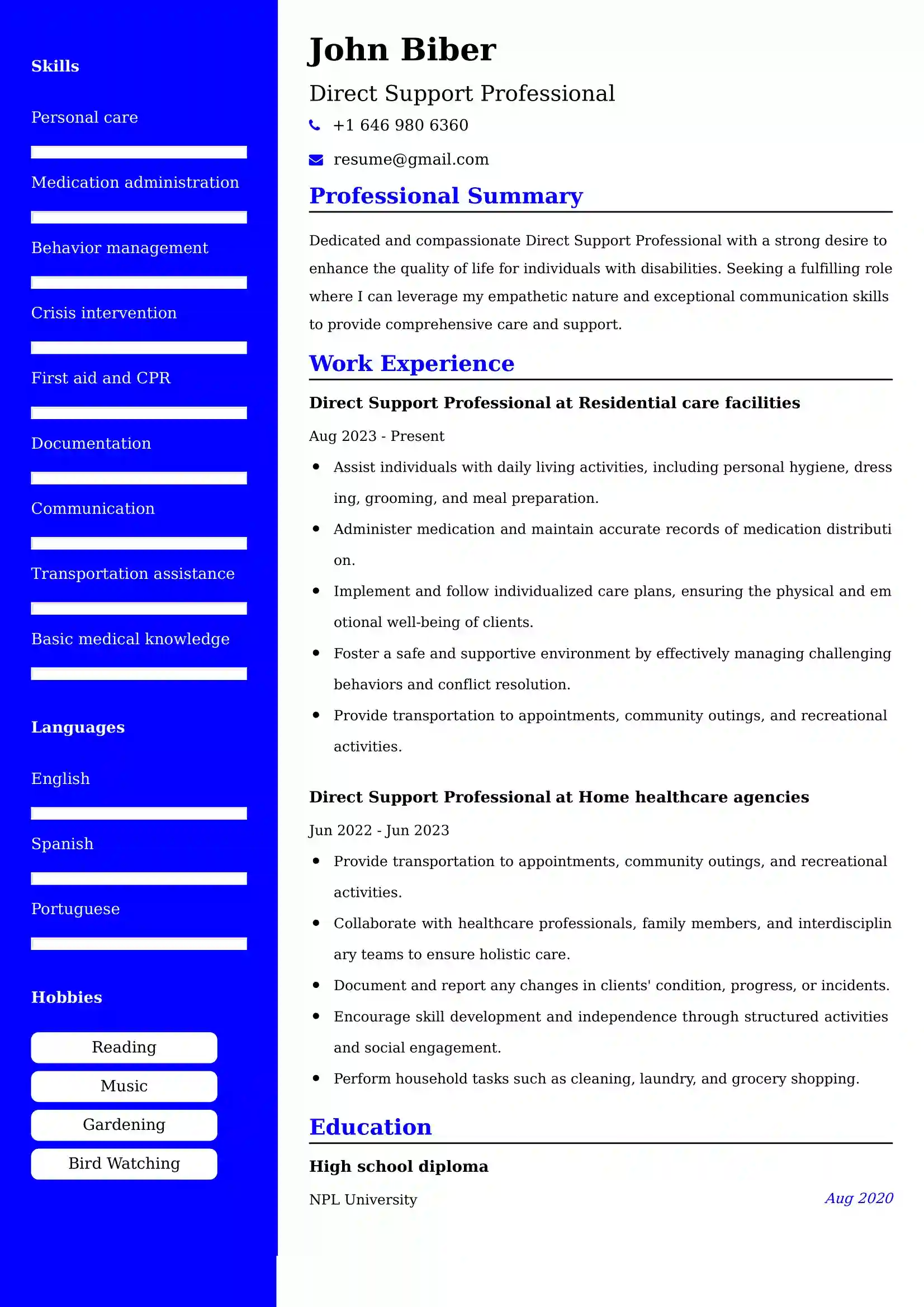 Direct Support Professional Resume Examples for UAE