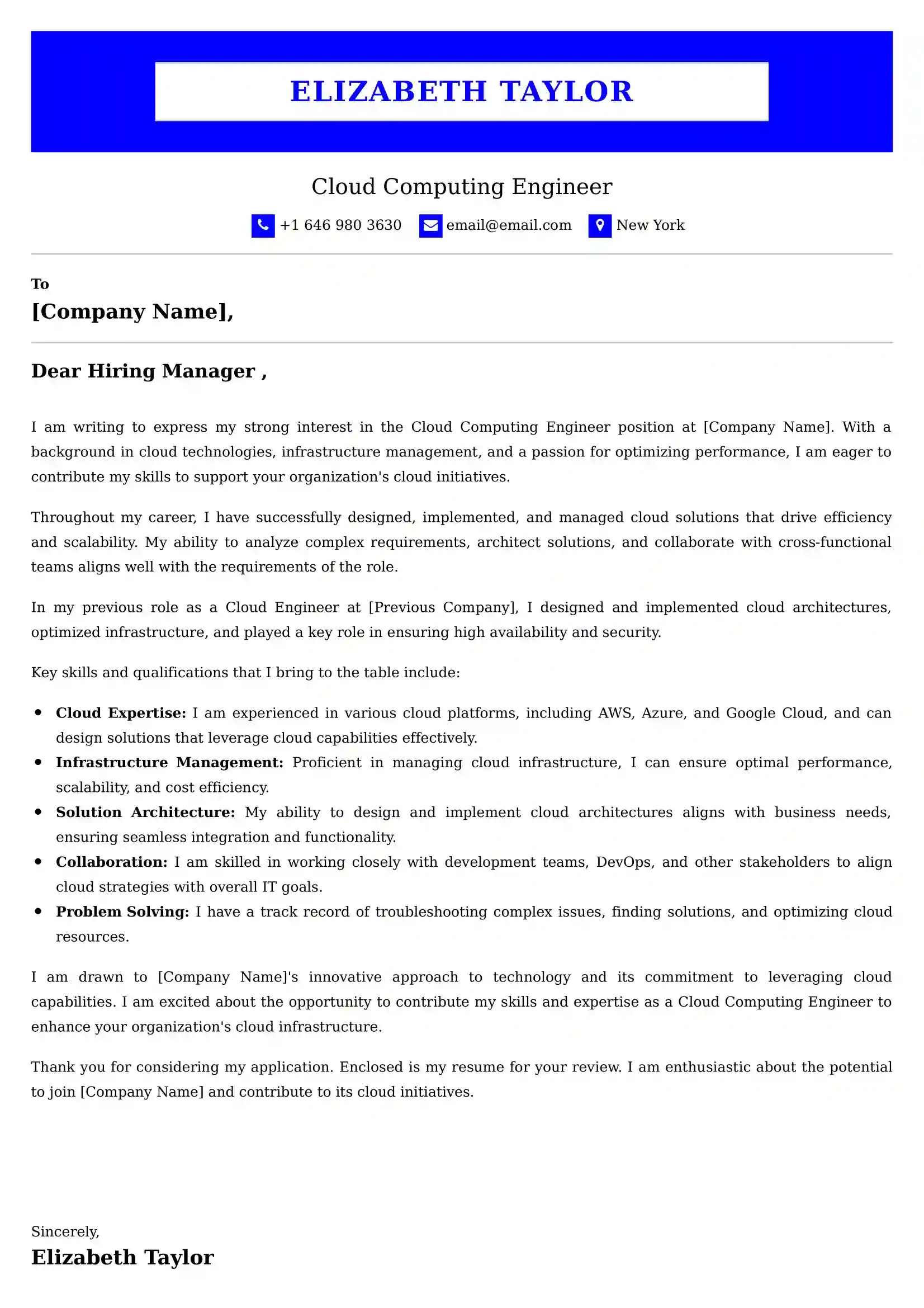 Cloud Computing Engineer Cover Letter Examples for UAE 
