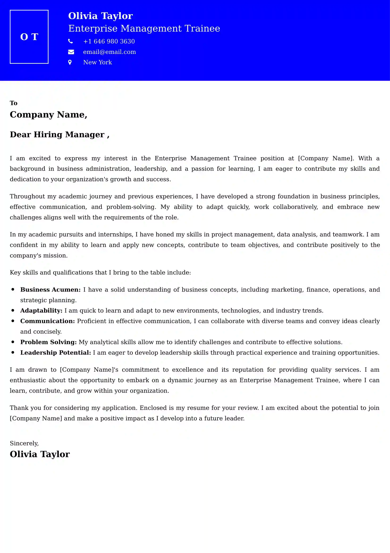 Enterprise Management Trainee Cover Letter Examples for UAE 