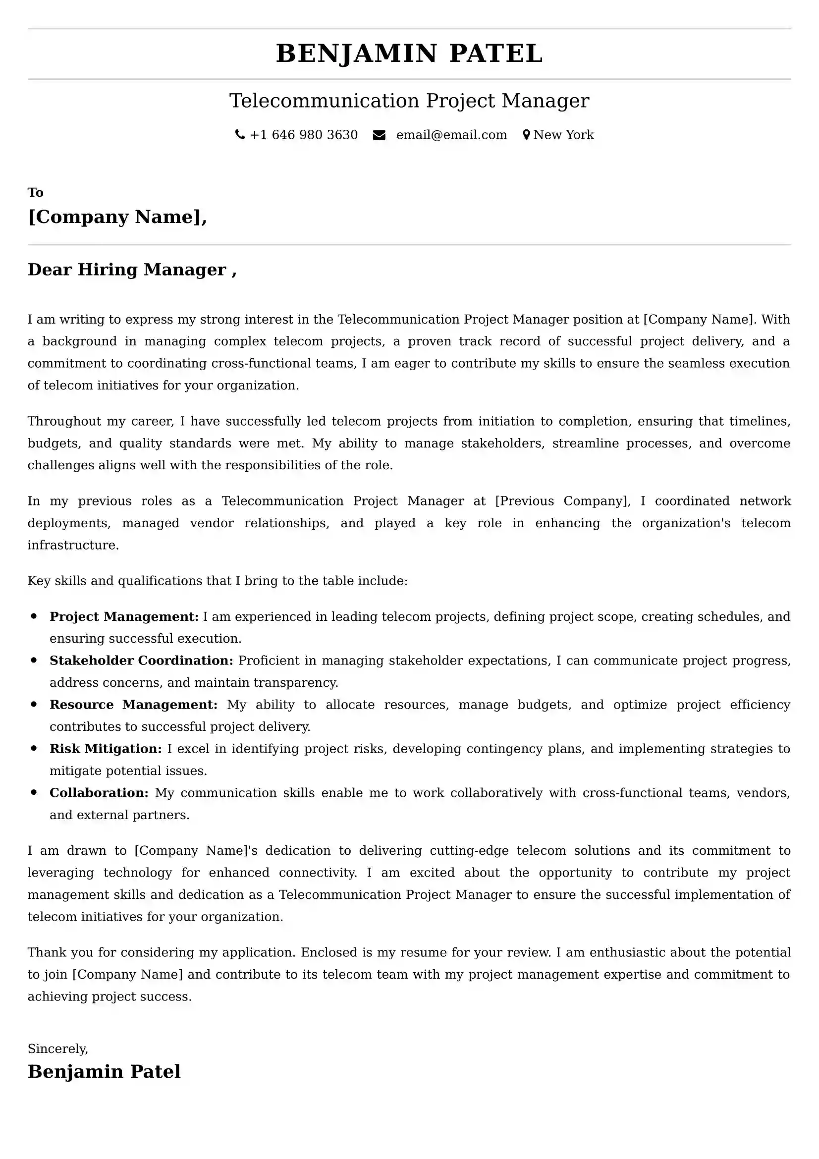 Telecommunication Project Manager Cover Letter Examples for UAE 