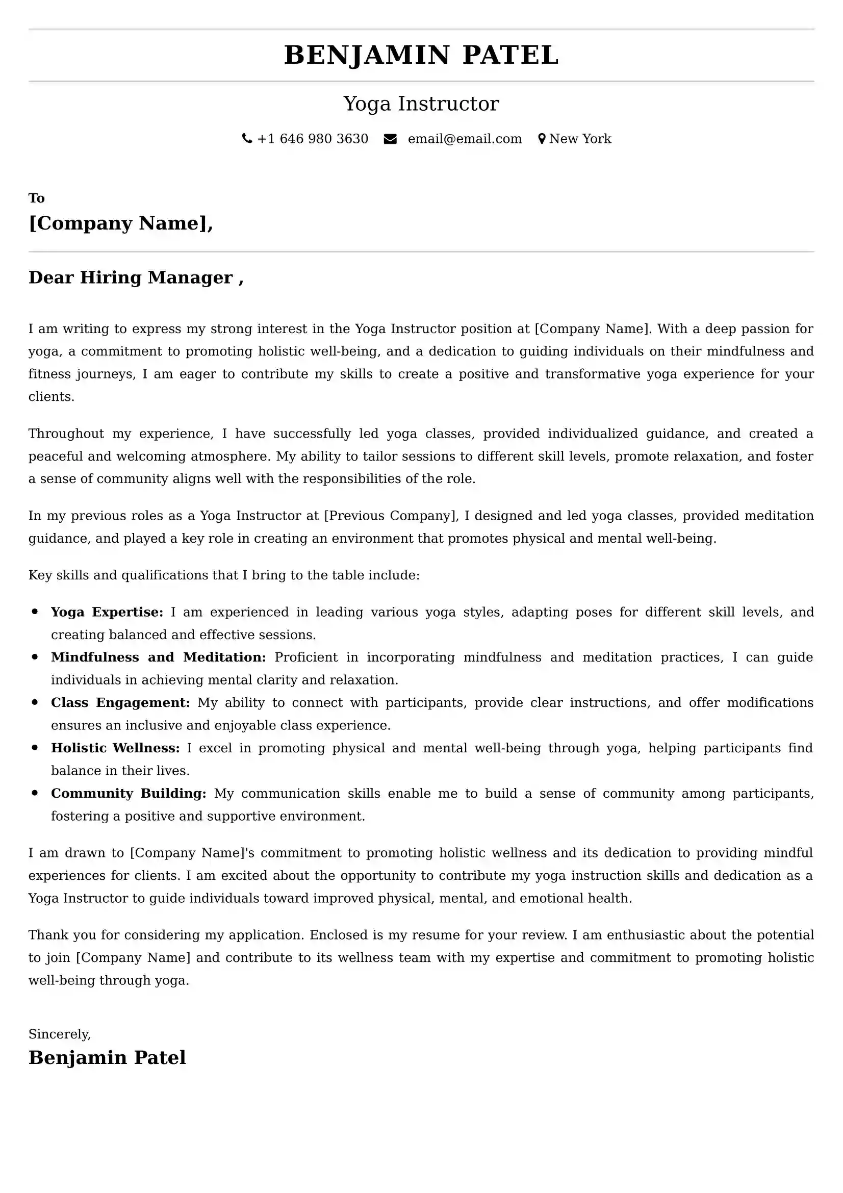 Yoga Instructor Cover Letter Examples for UAE 