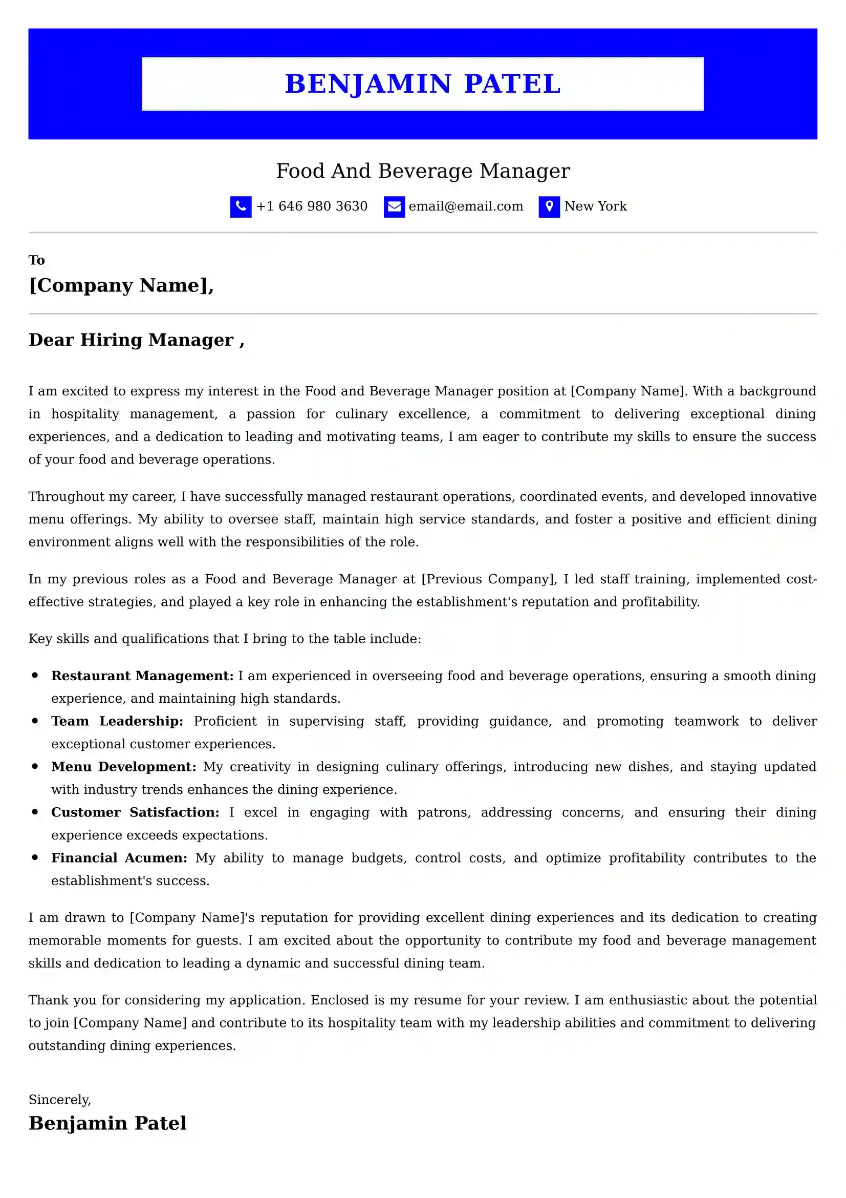 Food And Beverage Server Cover Letter Examples for UAE 